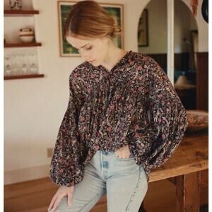 DOEN Thistle Top in Black Multi Floral Print M Boho